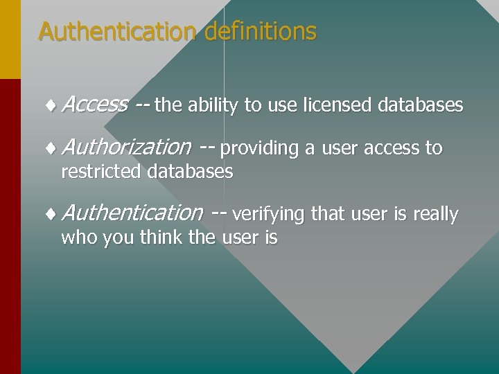 Authentication definitions ¨ Access -- the ability to use licensed databases ¨ Authorization --