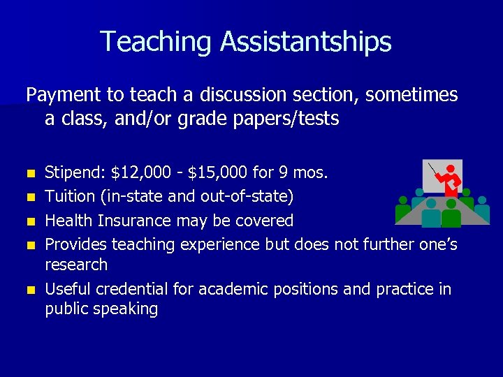  Teaching Assistantships Payment to teach a discussion section, sometimes a class, and/or grade