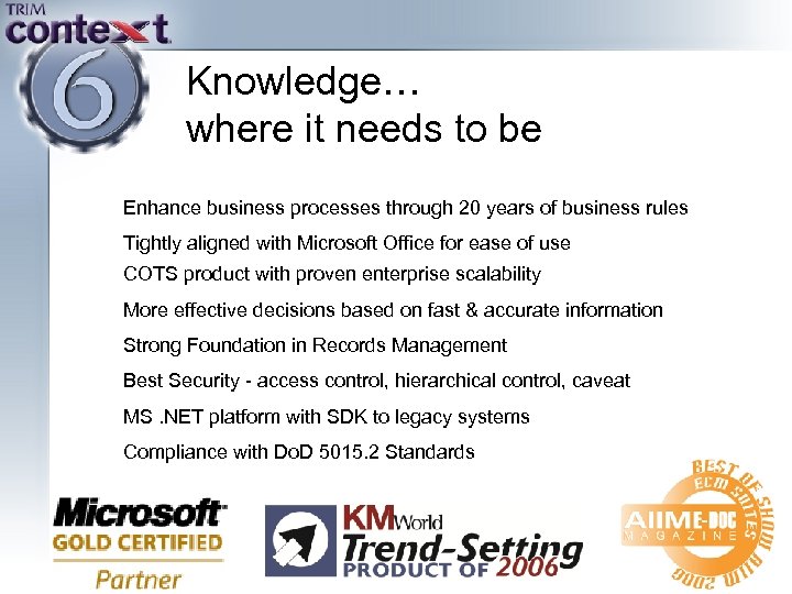 Knowledge… where it needs to be Enhance business processes through 20 years of business