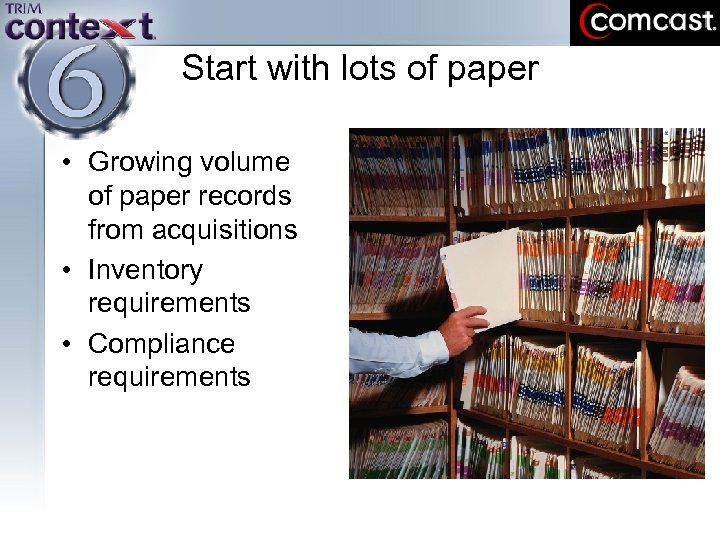 Start with lots of paper • Growing volume of paper records from acquisitions •