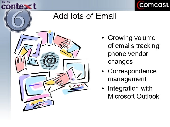 Add lots of Email • Growing volume of emails tracking phone vendor changes •