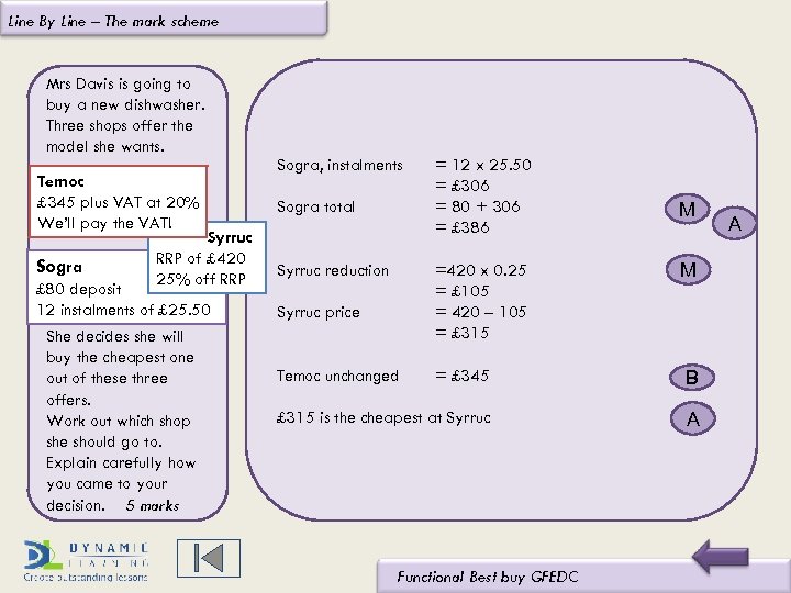 Line By Line – The mark scheme Mrs Davis is going to buy a
