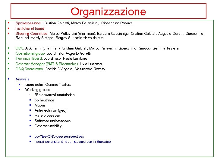 Organizzazione § § § Spokespersons: Cristian Galbiati, Marco Pallavicini, Gioacchino Ranucci Institutional board Steering