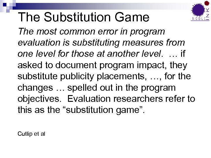 The Substitution Game The most common error in program evaluation is substituting measures from