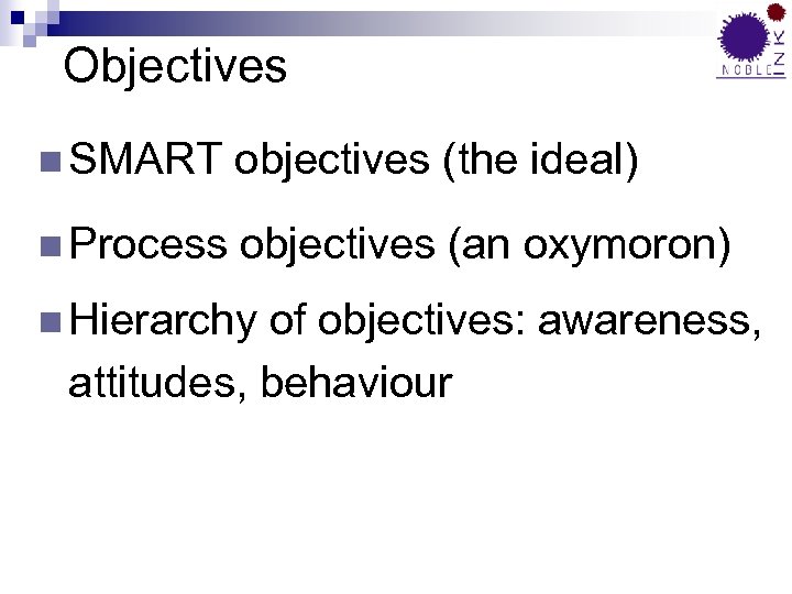 Objectives n SMART objectives (the ideal) n Process objectives (an oxymoron) n Hierarchy of