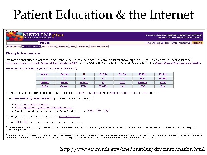 Patient Education & the Internet http: //www. nlm. nih. gov/medlineplus/druginformation. html 