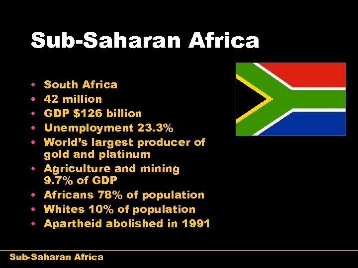 Sub-Saharan Africa • • • South Africa 42 million GDP $126 billion Unemployment 23.