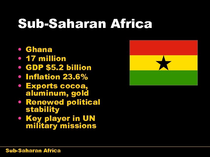 Sub-Saharan Africa • • • Ghana 17 million GDP $5. 2 billion Inflation 23.