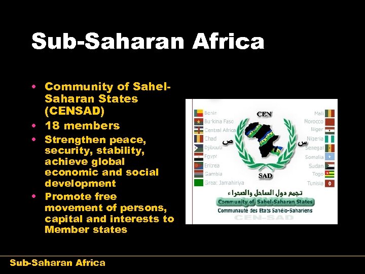 Sub-Saharan Africa • Community of Sahel. Saharan States (CENSAD) • 18 members • Strengthen