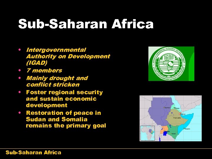 Sub-Saharan Africa • Intergovernmental Authority on Development (IGAD) • 7 members • Mainly drought