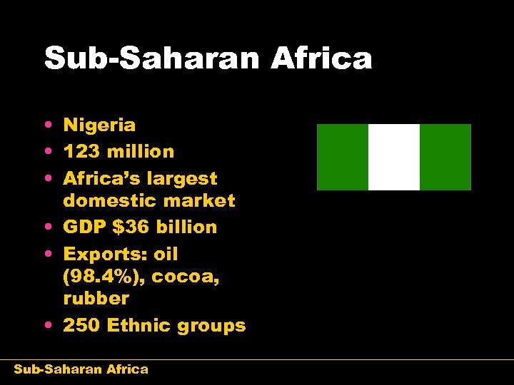 Sub-Saharan Africa • Nigeria • 123 million • Africa’s largest domestic market • GDP