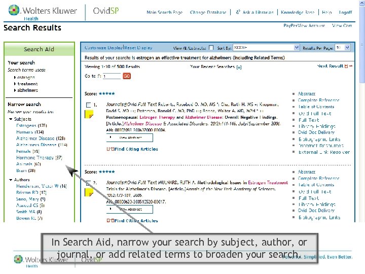 In Search Aid, narrow your search by subject, author, or journal, or add related