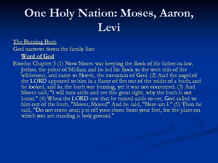 One Holy Nation: Moses, Aaron, Levi The Burning Bush God narrows down the family