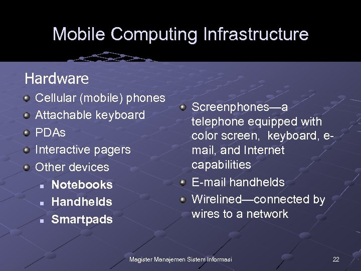 Mobile Computing Infrastructure Hardware Cellular (mobile) phones Attachable keyboard PDAs Interactive pagers Other devices