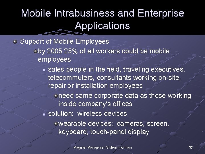 Mobile Intrabusiness and Enterprise Applications Support of Mobile Employees by 2005 25% of all