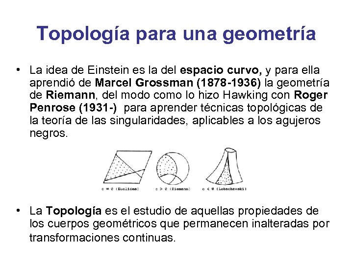 Topología para una geometría • La idea de Einstein es la del espacio curvo,