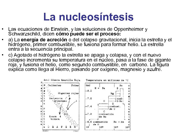 La nucleosíntesis • Las ecuaciones de Einstein, y las soluciones de Oppenheimer y Schwarzschild,