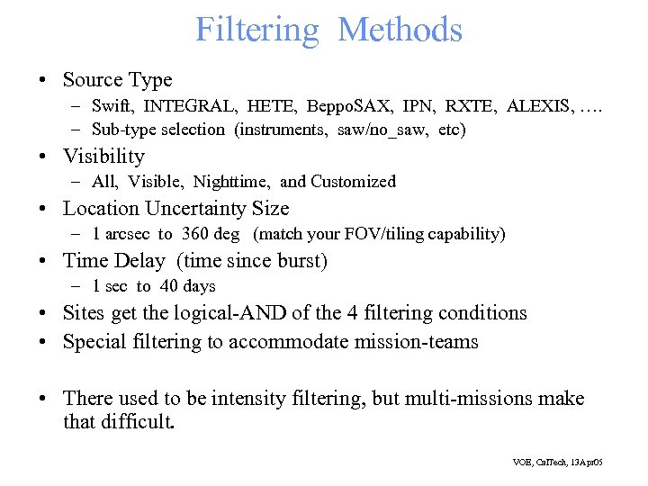 Filtering Methods • Source Type – Swift, INTEGRAL, HETE, Beppo. SAX, IPN, RXTE, ALEXIS,