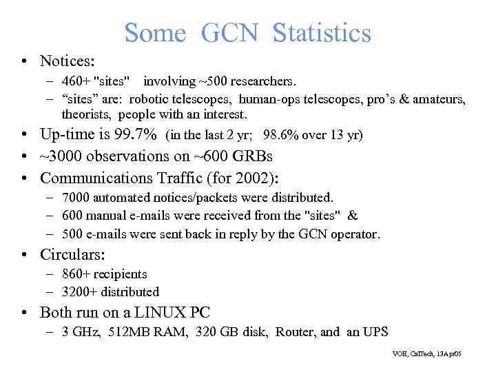 Some GCN Statistics • Notices: – 460+ "sites" involving ~500 researchers. – “sites” are: