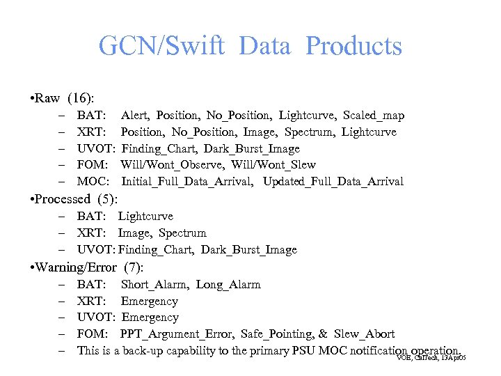 GCN/Swift Data Products • Raw (16): – – – BAT: XRT: UVOT: FOM: MOC: