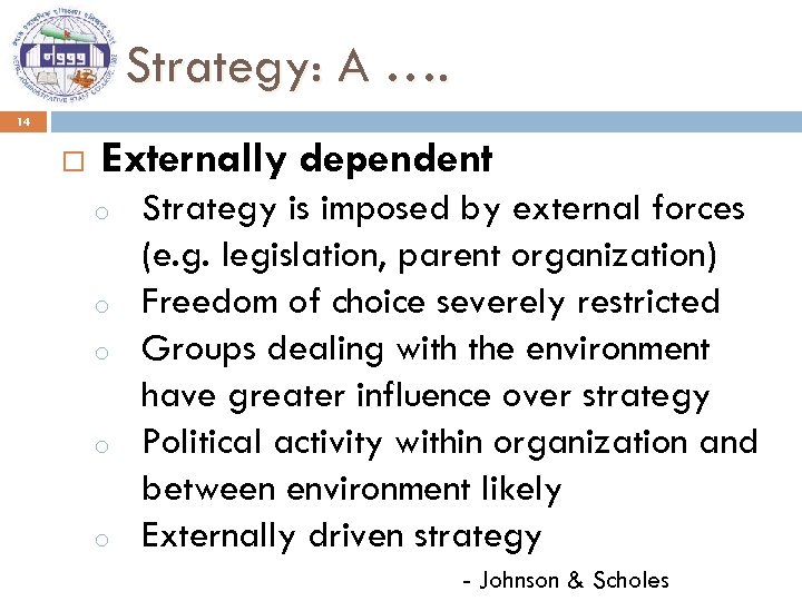 Strategy: A …. 14 Externally dependent o o o Strategy is imposed by external