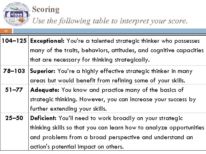 Scoring Use the following table to interpret your score. 17 104– 125 Exceptional: You’re