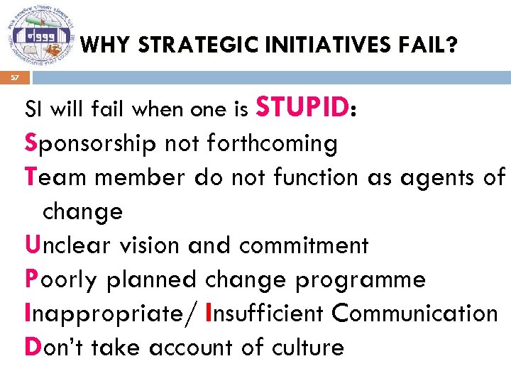 WHY STRATEGIC INITIATIVES FAIL? 57 SI will fail when one is STUPID: Sponsorship not