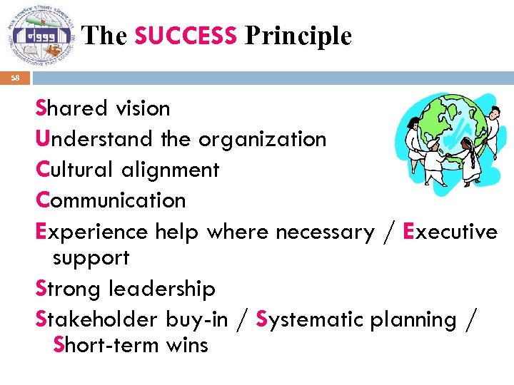 The SUCCESS Principle 58 Shared vision Understand the organization Cultural alignment Communication Experience help