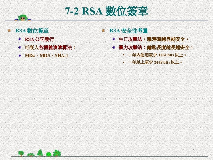 7 -2 RSA 數位簽章 RSA 安全性考量 RSA 公司發行 生日攻擊法：雜湊碼越長越安全。 可嵌入各種雜湊演算法： 暴力攻擊法：鑰匙長度越長越安全： MD 4、MD 5、SHA-1