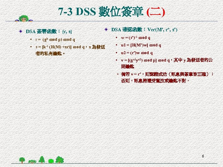 7 -3 DSS 數位簽章 (二) DSA 簽署函數：{r, s} DSA 確認函數：Ver(M’, r’, s’) • r