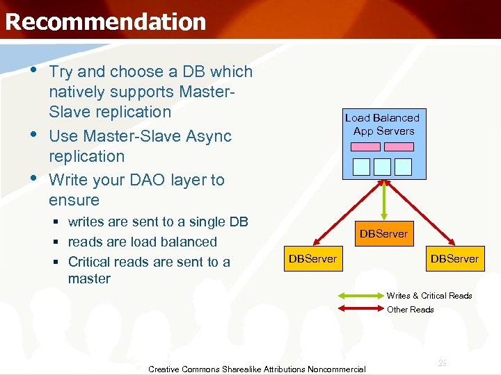 Recommendation • • • Try and choose a DB which natively supports Master. Slave