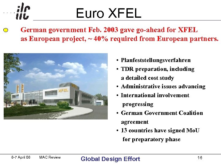 Euro XFEL German government Feb. 2003 gave go-ahead for XFEL as European project, ~