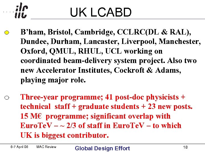 UK LCABD B’ham, Bristol, Cambridge, CCLRC(DL & RAL), Dundee, Durham, Lancaster, Liverpool, Manchester, Oxford,