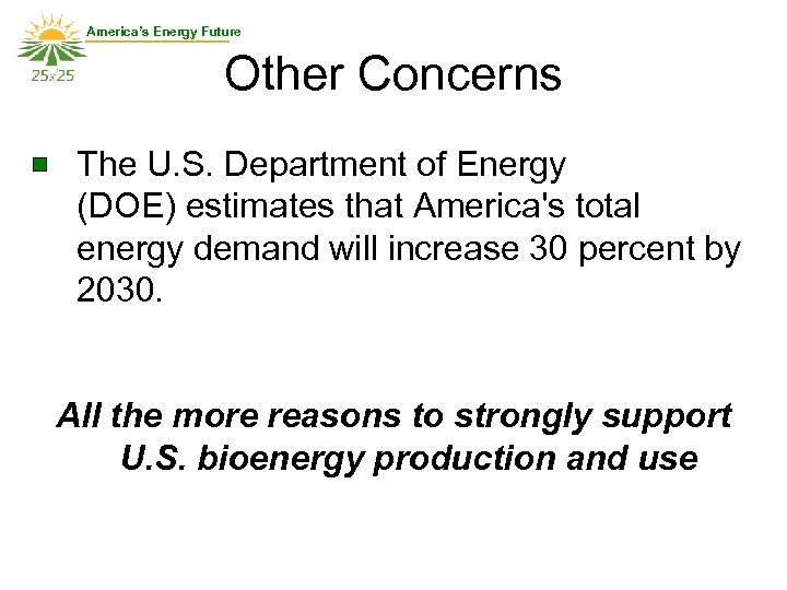 America’s Energy Future Other Concerns The U. S. Department of Energy (DOE) estimates that