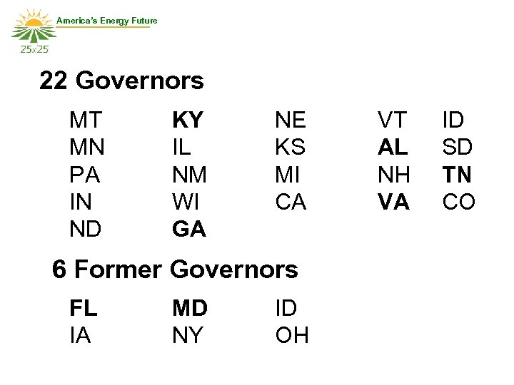 America’s Energy Future 22 Governors MT MN PA IN ND KY IL NM WI