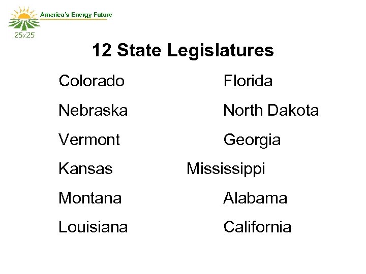 America’s Energy Future 12 State Legislatures Colorado Florida Nebraska North Dakota Vermont Georgia Kansas