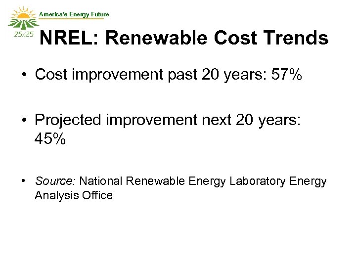 America’s Energy Future NREL: Renewable Cost Trends • Cost improvement past 20 years: 57%