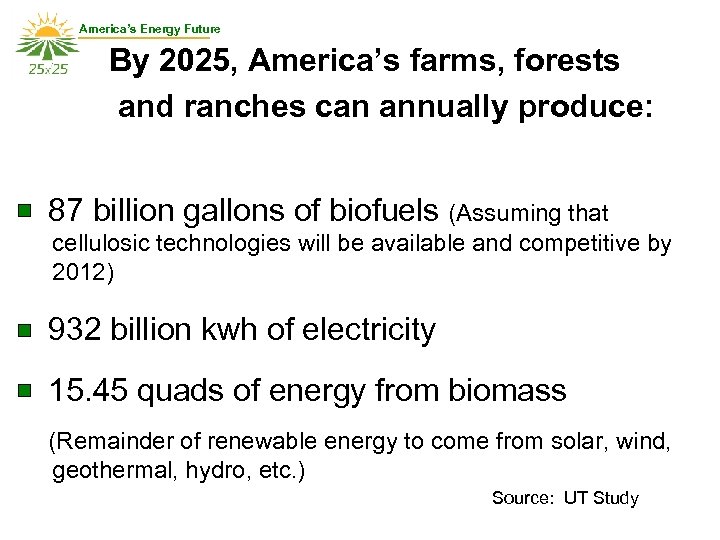 America’s Energy Future By 2025, America’s farms, forests and ranches can annually produce: 87