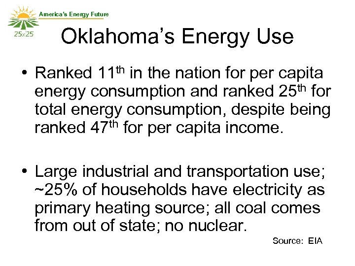 America’s Energy Future Oklahoma’s Energy Use • Ranked 11 th in the nation for