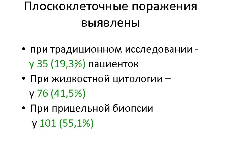 Плоскоклеточные поражения выявлены • при традиционном исследовании у 35 (19, 3%) пациенток • При