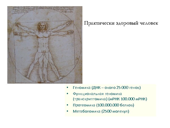 Практически здоровый человек • • Геномика (ДНК – около 25 000 генов) Функциональная геномика