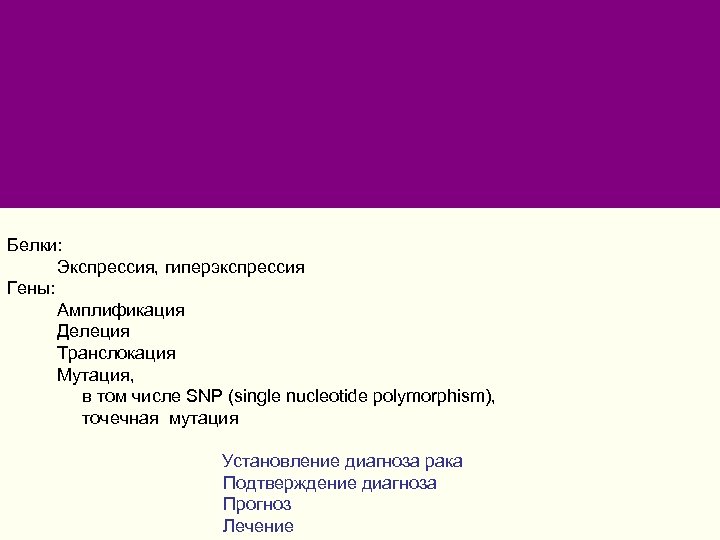 Белки: Экспрессия, гиперэкспрессия Гены: Амплификация Делеция Транслокация Мутация, в том числе SNP (single nucleotide