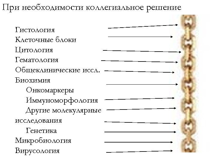 При необходимости коллегиальное решение Гистология Клеточные блоки Цитология Гематология Общеклинические иссл. Биохимия Онкомаркеры Иммуноморфология