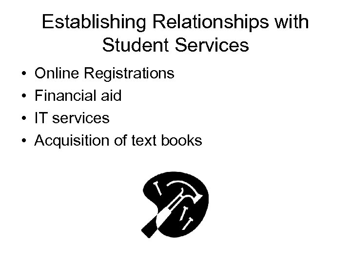 Establishing Relationships with Student Services • • Online Registrations Financial aid IT services Acquisition