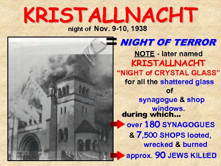 KRISTALLNACHT = NIGHT OF TERROR night of Nov. 9 -10, 1938 NOTE - later