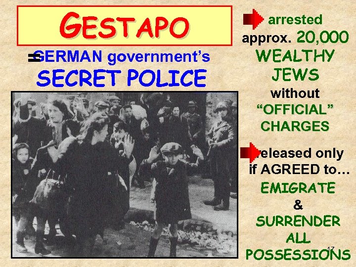 GESTAPO GERMAN government’s = SECRET POLICE arrested approx. 20, 000 WEALTHY JEWS without “OFFICIAL”