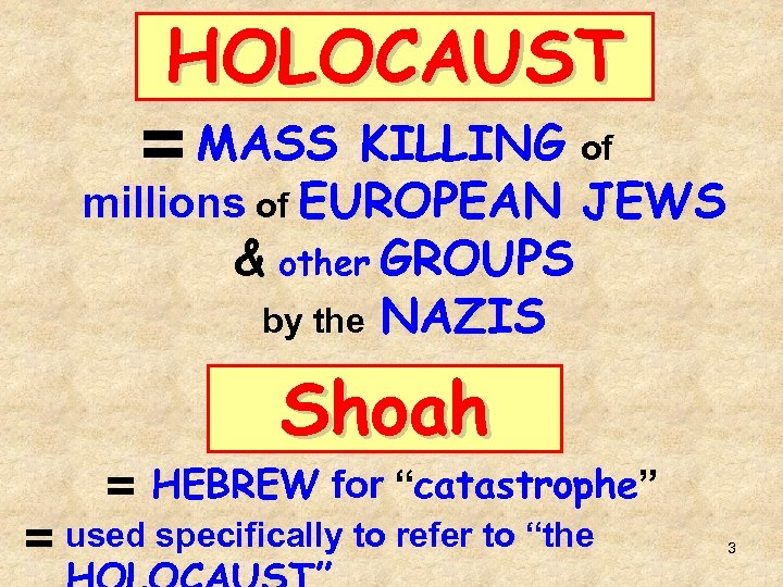 HOLOCAUST = MASS KILLING of millions of EUROPEAN JEWS & other GROUPS by the