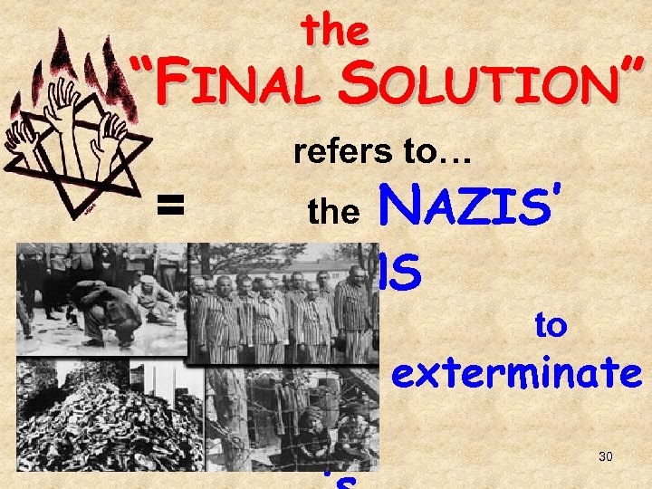 the “FINAL SOLUTION” = refers to… the NAZIS’ PLANS to exterminate 30 