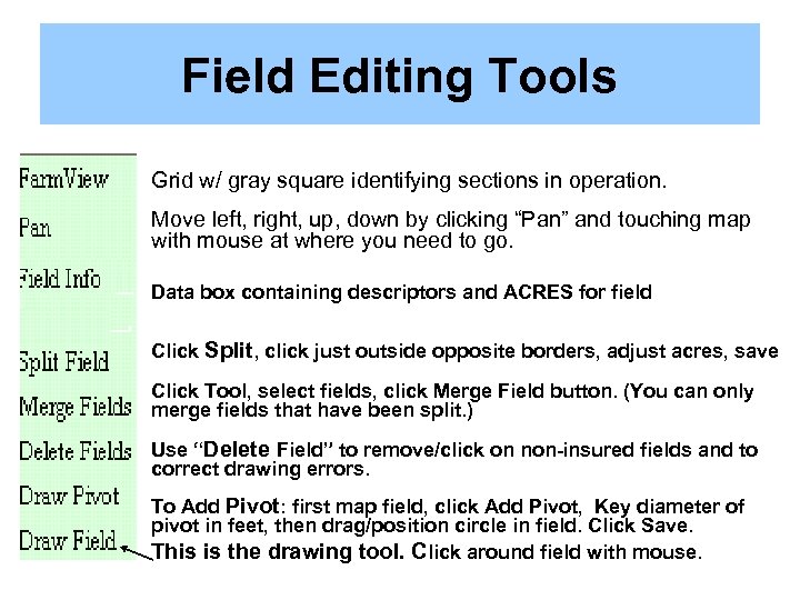 Field Editing Tools • Grid w/ gray square identifying sections in operation. • Move