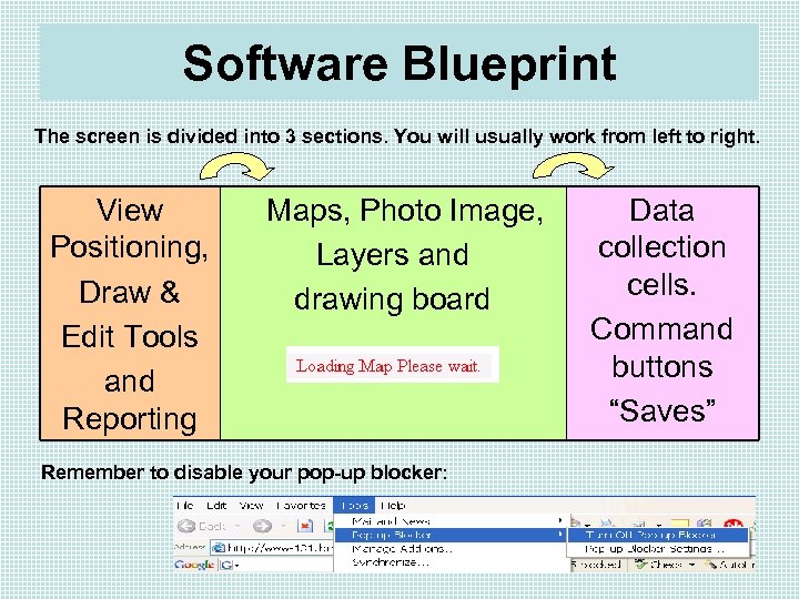 Software Blueprint The screen is divided into 3 sections. You will usually work from